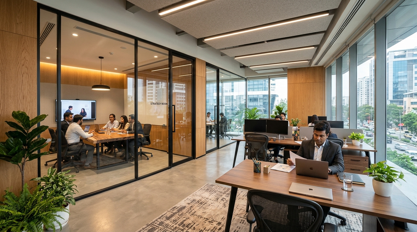 Modern corporate managed office floor interior with private glass suites and collaboration spaces in Bangalore