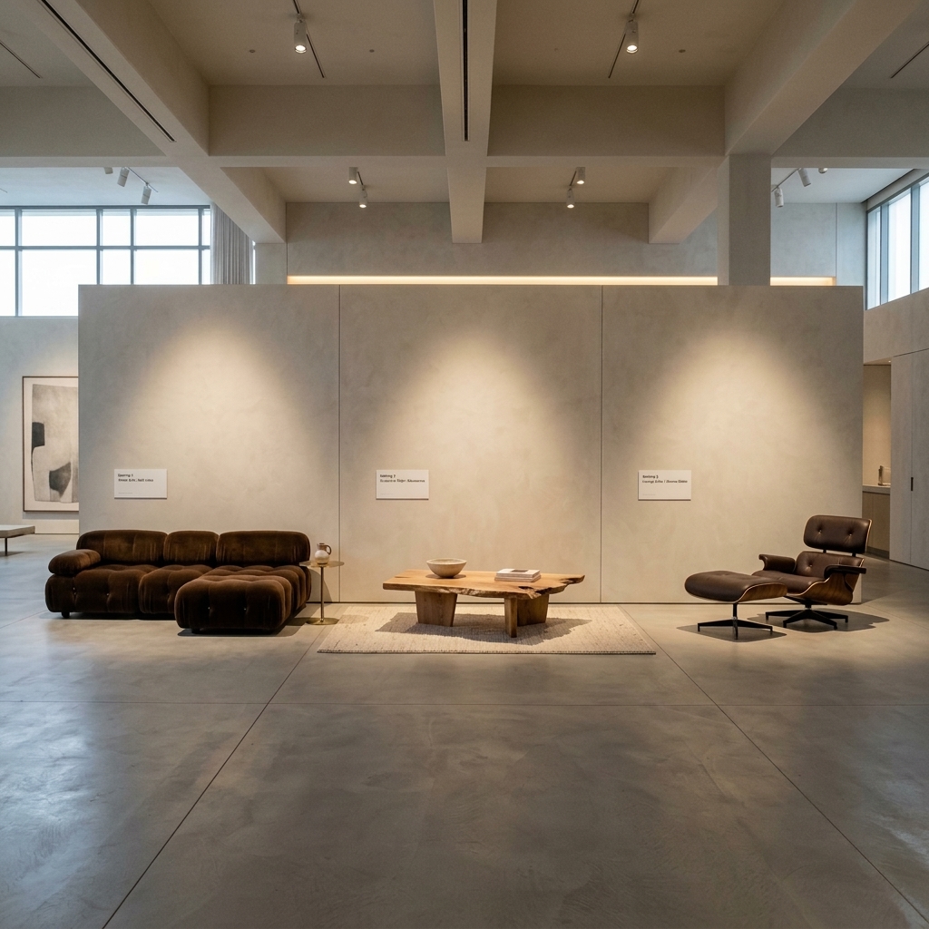 Minimalist gallery lounge space displaying exactly three designer premium furniture items under warm lights