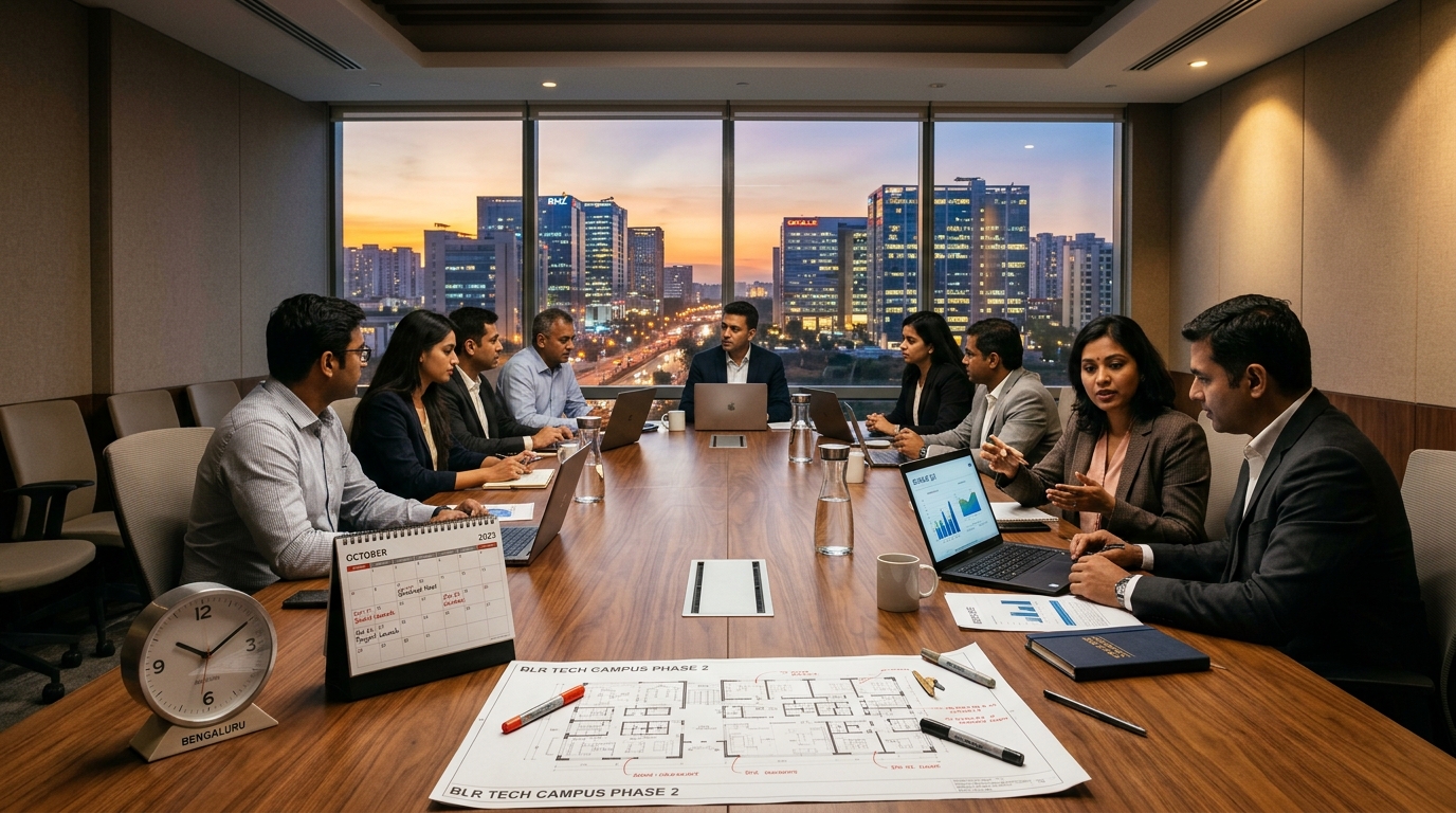 Bangalore corporate boardroom table with calendar schedules, floor plans, and city skyline view at sunset