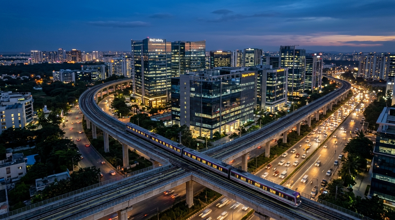 Aerial evening view of Bangalore commercial tech corridor with elevated metro line and corporate towers