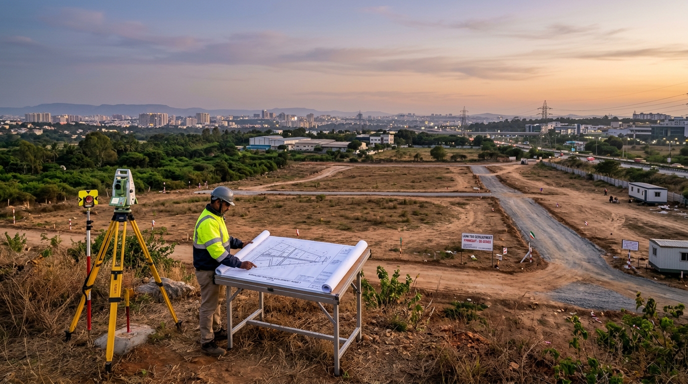 Wide architectural photograph of open developmental land parcel in Bangalore with surveying equipment at golden hour
